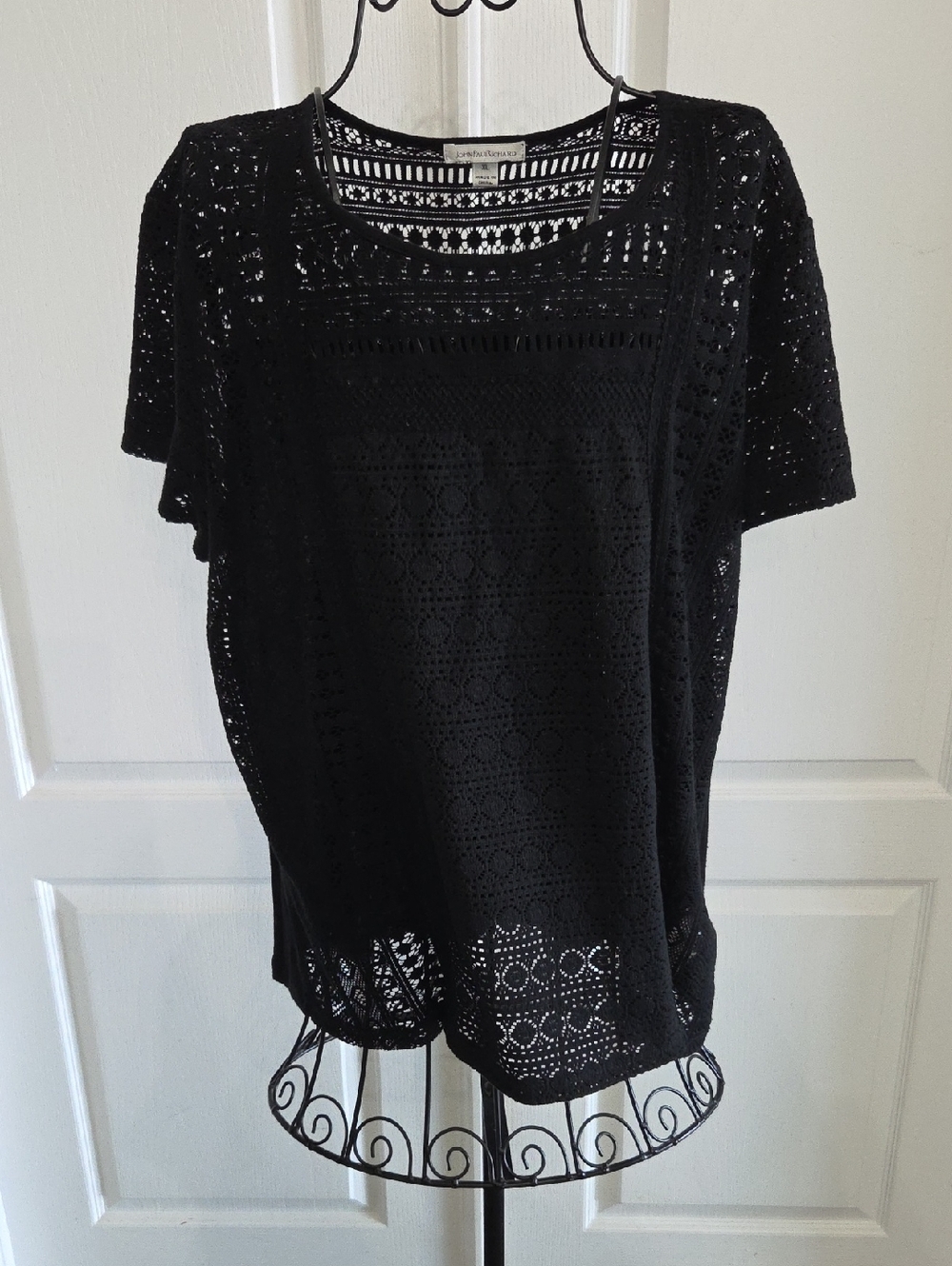 JohnPaulRichard Black Crochet Short Sleeve Top